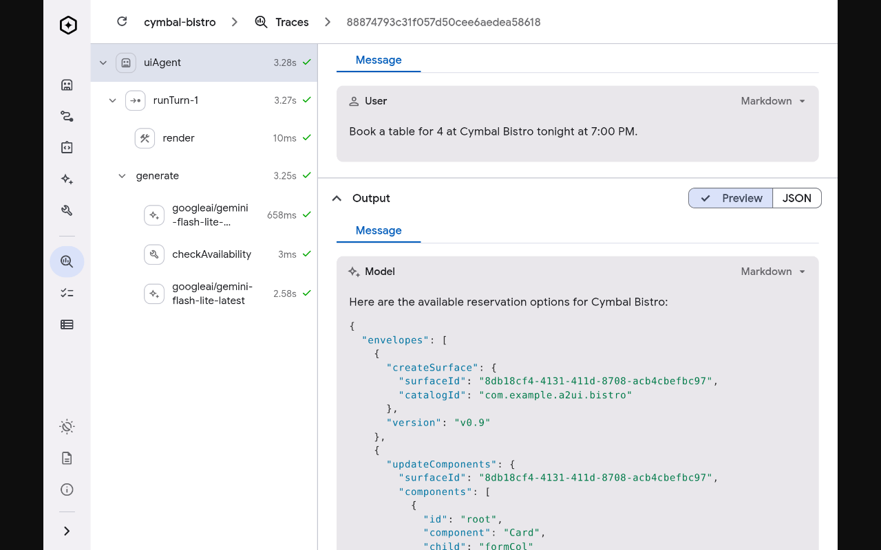 Dev UI показывает последовательность model/tool calls агента.